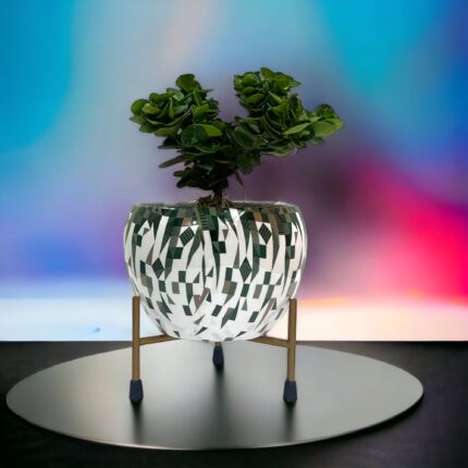 Green Abstract Print Metal Pot With Stand