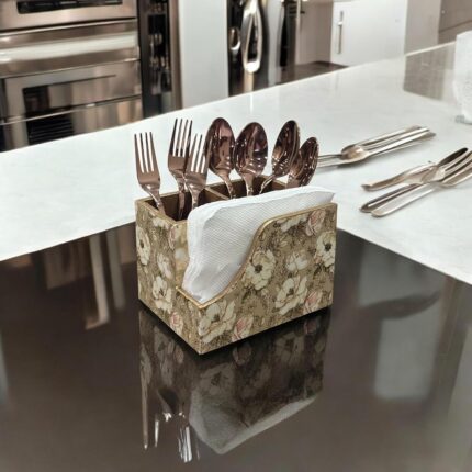 Golden Rose MDF Spoon Cutlery with Tissue Holder Stylish Desk Organizer Stand For Kitchen Dining Table