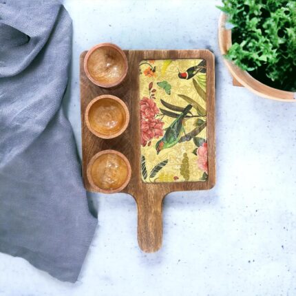 Handmade Mangowood Serving Dish Platter with 3 Bowl Set | Multipurpose Appetizer Platter for Cakes & Snacks | Use for Kitchen and Restaurants (15.5 x 10 inch)