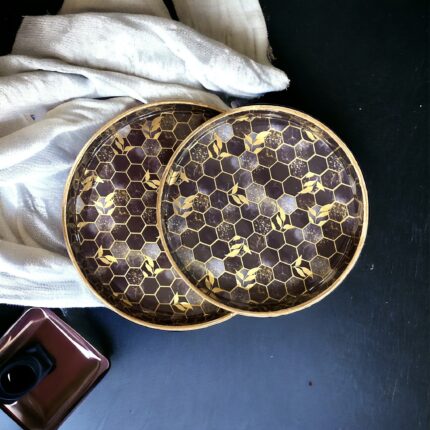 MDF Round Wooden Enamel Coated Serving Trays Organizing Decorative Tray for Kitchen and Dining Set of 2 (12x12 & 10x10 Inches) (Blue Golden)